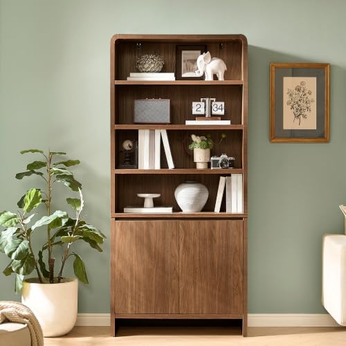 Image of AMERLIFE 71 inch Modern Wood Bookcase with Storage Cabinets, Rustic Brown | 6 Tier Bookshelf, Large Space, Adjustable Shelves, Curved Design, Ideal for Living Room, Bedroom, Home Office, Easy Assembly