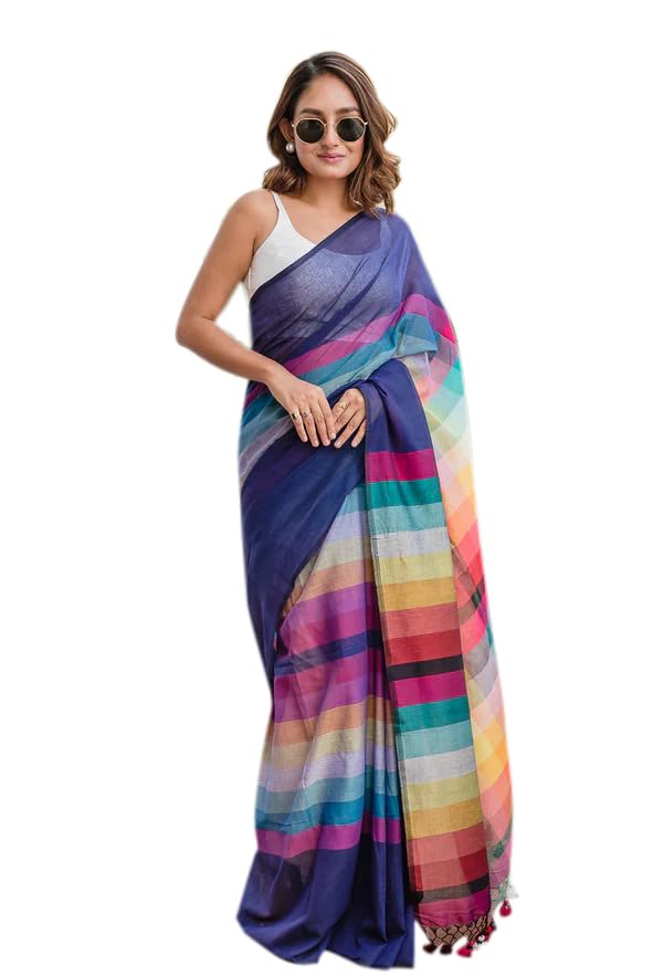 Multicolor Striped Saree, Navy Blue Base, Rainbow Pattern, Traditional Indian Wear-image-7