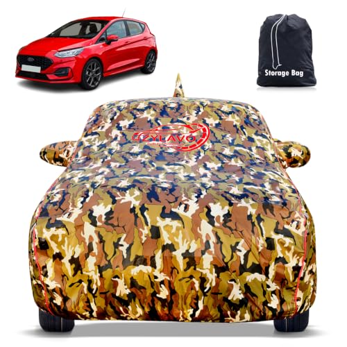 Image of Premium Car Cover for Ford Fiesta Model | Waterproof, UV & Dust Protection | Mirror & Antenna Pocket | Triple Stitched, Soft Inner Lining, Belt & Buckle (Jungle Print)