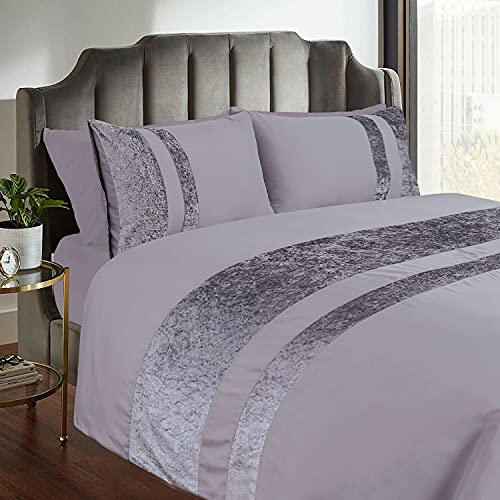 Casabella Luxury Crushed Velvet Panel Band Duvet Cover Sets with Pillow Case Double Duvet Cover Bedding Set – Silver Crush Velvet Double Duvet Cover Sets