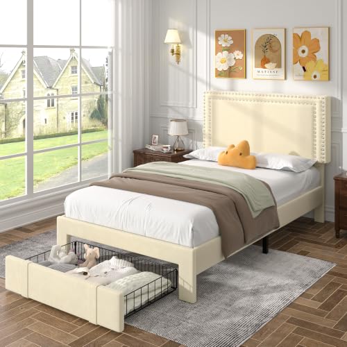 Image of VECELO Twin Size Upholstered Bed Frame with Storage Drawer, Adjustable Velvet Rivet Decor Headboard, Wooden Slats Platform Support, No Box Spring Needed, Easy Assembly,Beige
