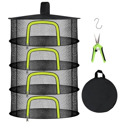4 Layer Herb Drying Rack, Hanging Mesh Net, Foldable Plant Drying Rack With U-Shaped Zipper, Garden Trimming Shears and Hooks, For Drying Herbs Plants, Fruits, Seafood, Clothing(4 Layers-23.62'')