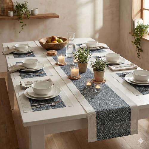 Image of YELONA Placemats and Table Runner Set - Heat Resistant, Non-Slip & Washable PVC Vinyl Dining Table Mats - Anchor Grey (6 Placemats: 45x30 cm, 1 Runner: 180x30 cm)