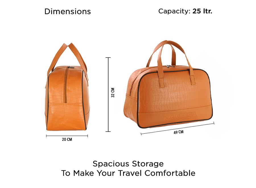 Image of Nautica Unisex 25L PU Duffle Bag for Travel | Stylish Leatherette Cabin Luggage with Smooth Zippers | Compact, Comfortable & Spacious for Weekend Trips, Gym & Everyday Use | TAN