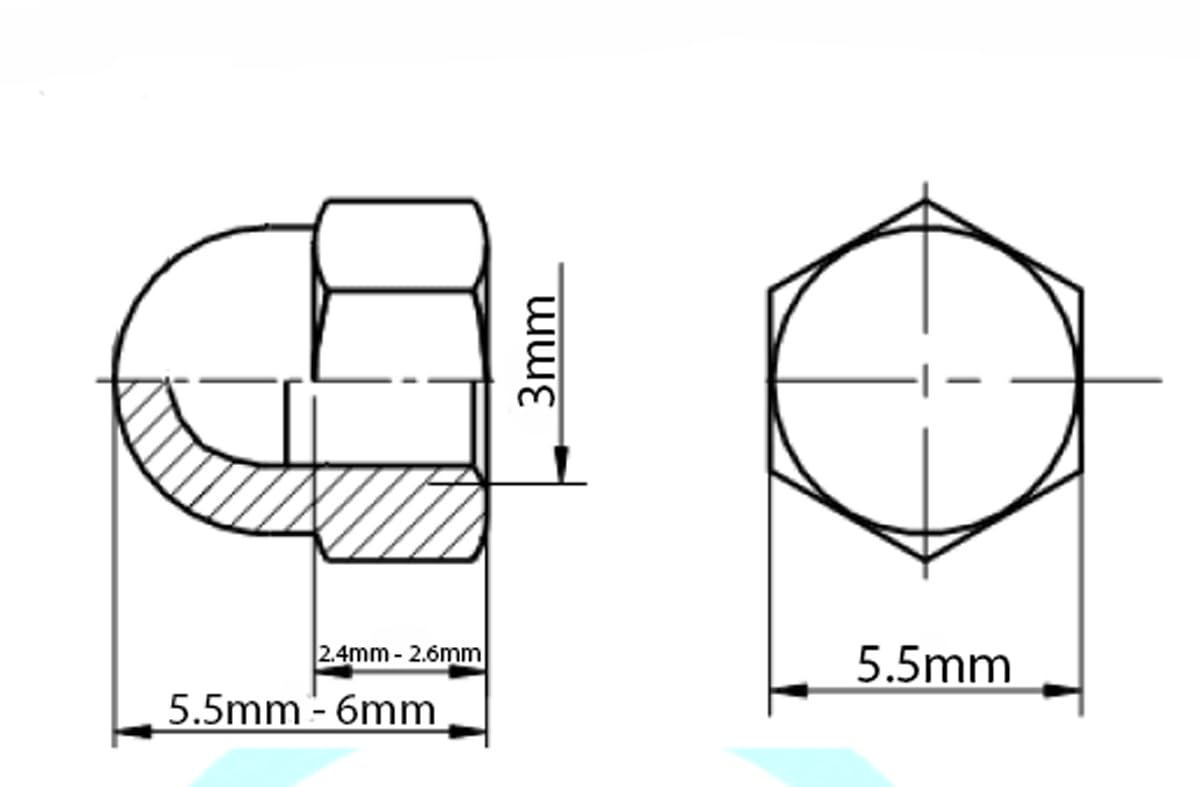 Dadi esagonali a cupola M3 in ottone per viti DIN 1587 (confezione da 20)