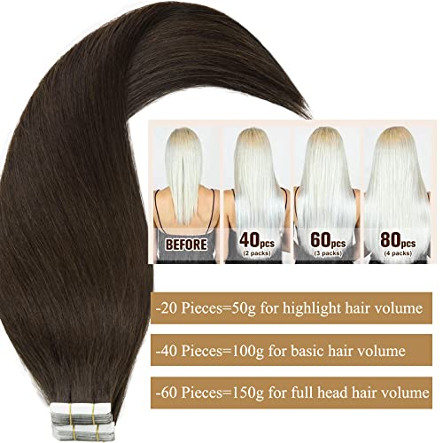 Loxxy Tape On Remy Hair Extensions Double Sided Tape In Extensions Human Hair Invisible Skin Weft Pu Tape Ins Hair Extensions Human Hair 20Pcs 50Gram Per Package #2 Darkest Brown 18Inch #TOP5