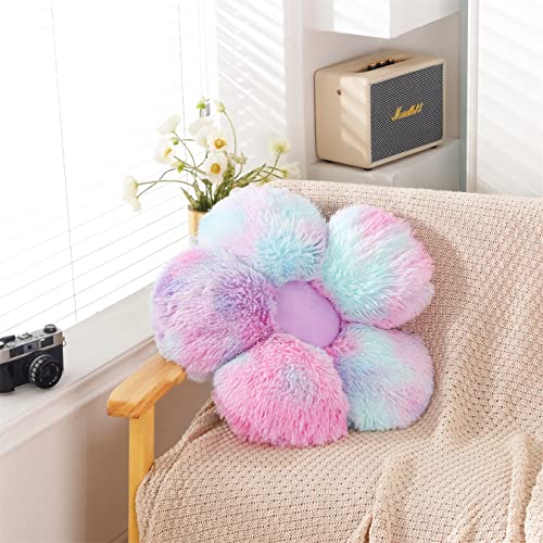 Ugeyao Faux Fur Flower Pillow,Flower Shaped Throw Pillow Butt Cushion Flower Floor Pillow,Seating Cushion,Cute Room Decor & Plush Pillow For Bedroom Sofa Chair (19.7 Inches, Rainbow Purple) #TOP3