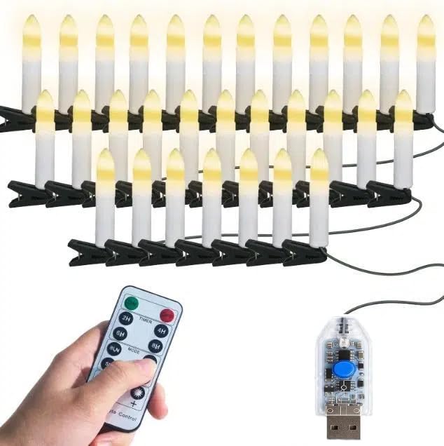 HoldOneLight LED Weihnachtsbaumkerzen mit Clips, 30 LEDs, Warmweiß, 8...