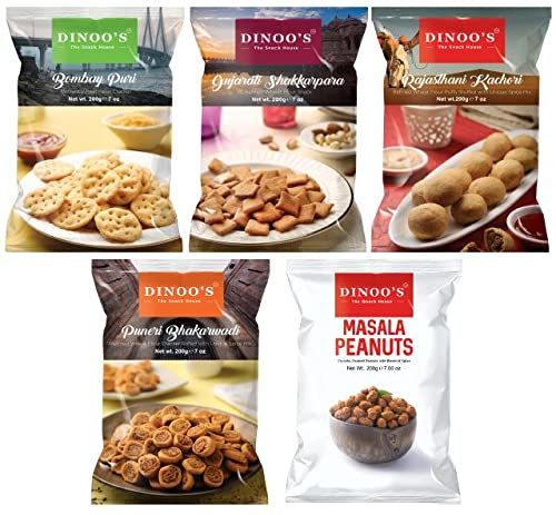 Dinoos Combo Pack of 5 Desi Traditional Indian Snacks(Bombay Puri - 1,Gujarati Shakkarpara - 1,Rajasthani Kachori - 1,Puneri Bhakarwadi - 1,Masala Peanuts - 1), 200 gms each