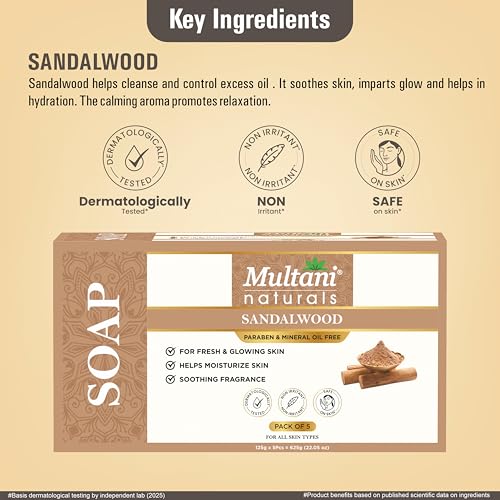 Image of Multani Natural Sandalwood Ayurvedic Soap - 125 gm (Pack Of 5) | For Hydration & Glow | Helps Rejuvenate Dull & Tired Skin | Paraben Free | Clinically Tested | For All Skin Types | Soap Bar For Men & Women