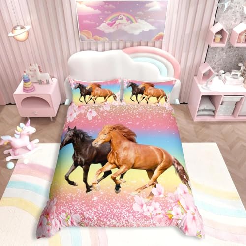 Girls Horse Bedding Set Kids Horses Pink Floral Duvet Cover For Kids Galloping Farmhorse Blossom Flower Bedding & Linen Wild Animal Cherry Blossom Glitter Bedding & Linen Daughter Bedroom King