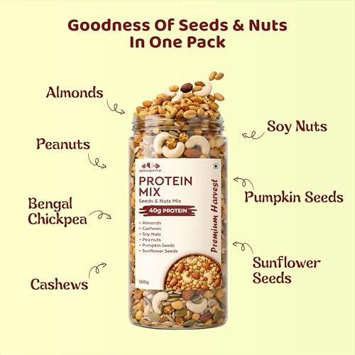 Image of Growfitz Protein Crunch Seeds & Nuts Mix, 500g | 40g High Protein | Air Roasted Almonds, Cashews, Chickpeas, Soy Nuts, Peanuts, Pumpkin & Sunflower Seeds | 0% Sugar | Export Quality Healthy Snack