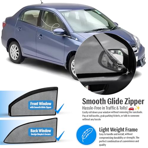 Image of Autofact Magnetic Car Sunshades Compatible with Honda Amaze (2018 to 2024) (Set of 4) - Easy Installation, UV Protection, Keeps Car Cool (Front 2 with Zippers, Rear 2 Without Zippers)