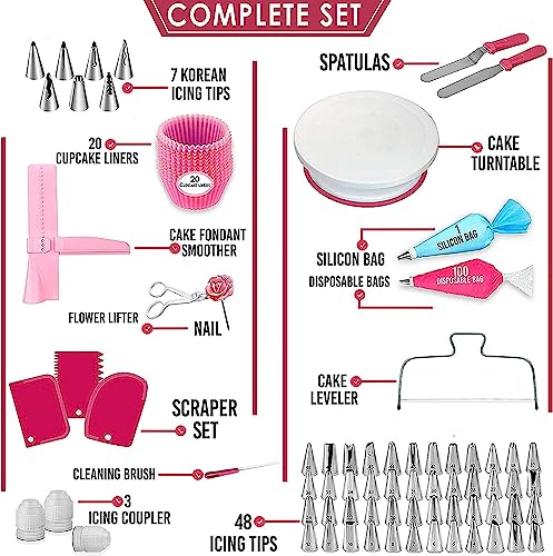 MAOYUTOU Cake Accessory Set 200 Pieces Cake Plate Rotatable Baking Accessory Set including Cake Turntable and Piping Nozzles Icing Bag Angled Spatula Muffin Cases - Image 2