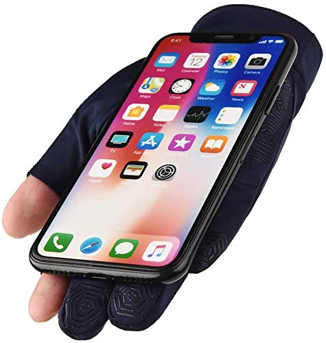 YHT Jogging Cycling Walking Neoprene Fishing Gloves 2 Cut Fingers Flexible Great for Photography Fly Fishing Ice Fishing Running Touchscreen Texting Hiking for Men and Women (Navy Blue,Medium)