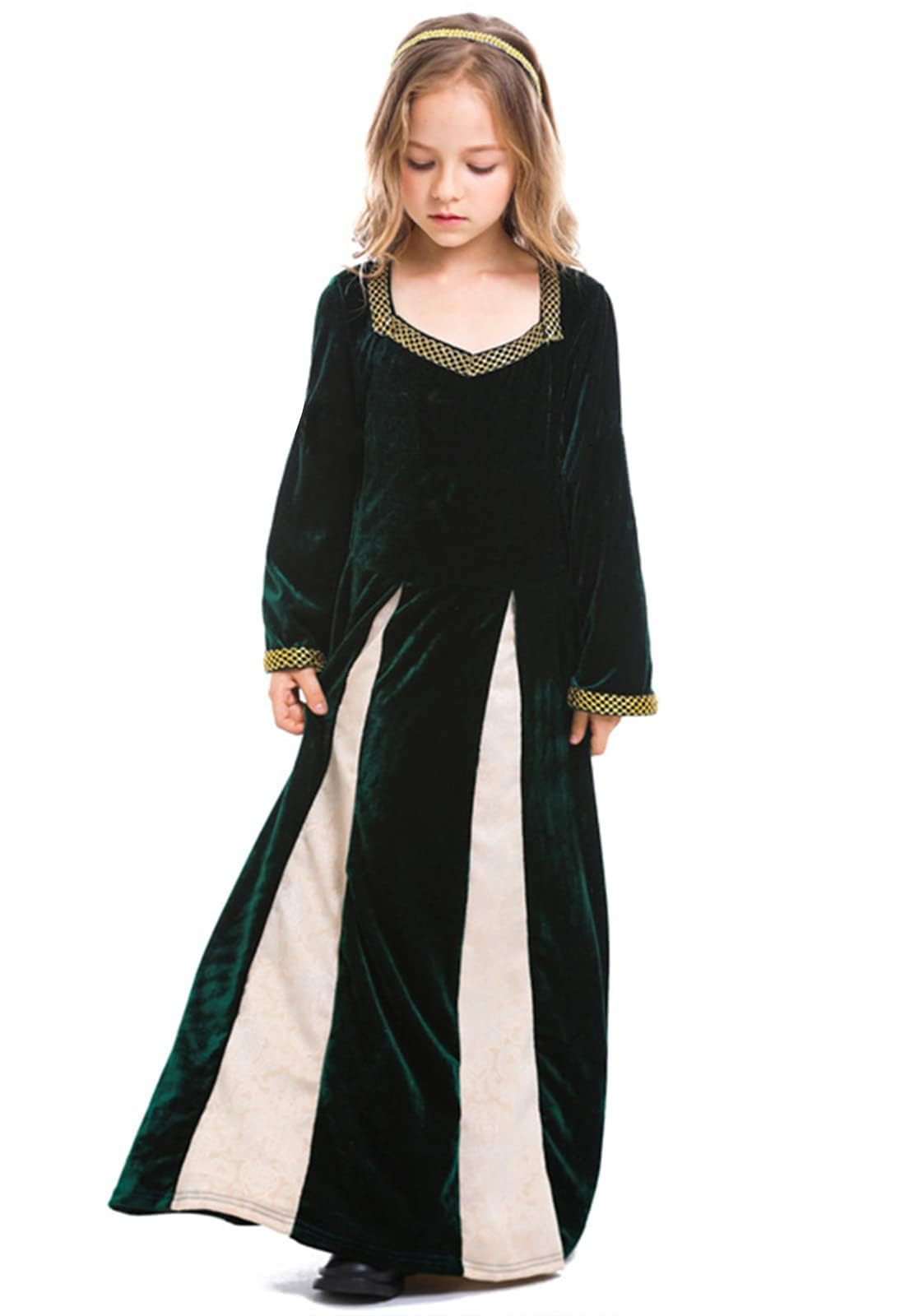 DELIVESS Girls Medieval Dress Renaissance Princess for Kids Halloween Outfit Costume 2 PCS (Dark Green, M)