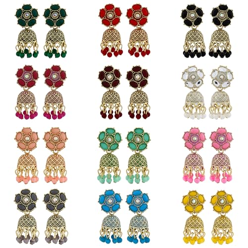 Image of Traditional Jhumka meenakari oxidised kundans flower Jhumka Earrings, Floral Design with Beaded Danglers, Multiple Colours Available