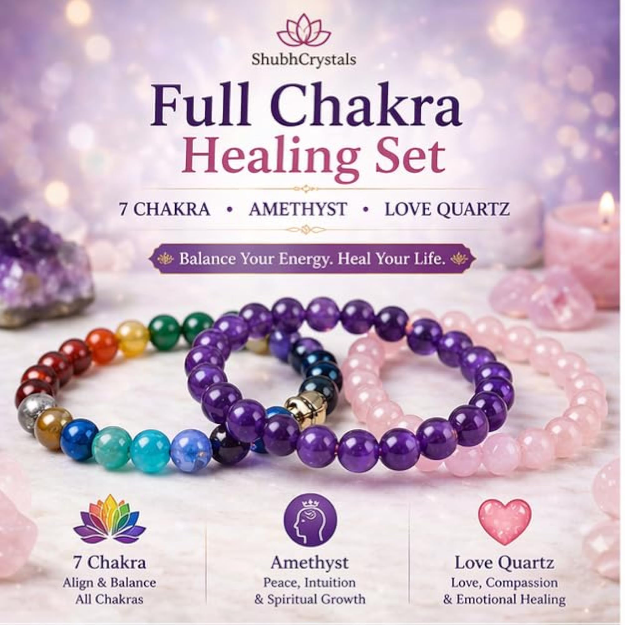 Full Chakra Healing Set: 7 Chakra Bracelet + Amethyst + Rose Quartz