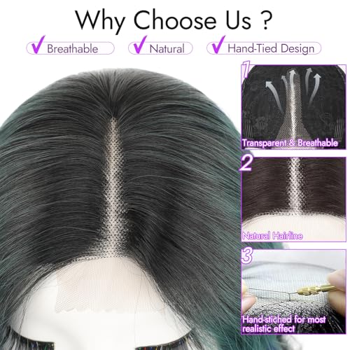 Image of Eawwii Wigs for Women Green Blue Highlights,Short Wavy Synthetic Lace Wig | Glueless 4x1 Lace Hairline, Heat-Resistant Fiber,Bob Wave Style,Natural Appearance for Everyday Cosplay 14 Inch