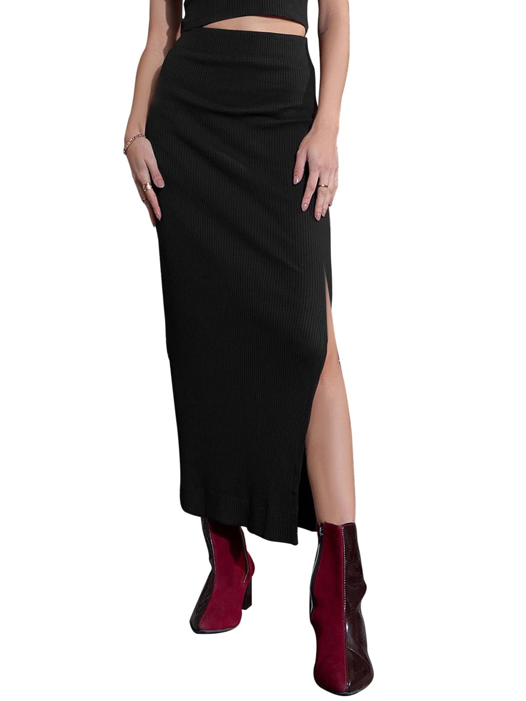 Mehrang Skirt with Shorts, Solid High Waist Long Midi Skirts for Women, Side Slit Elastic Waistband