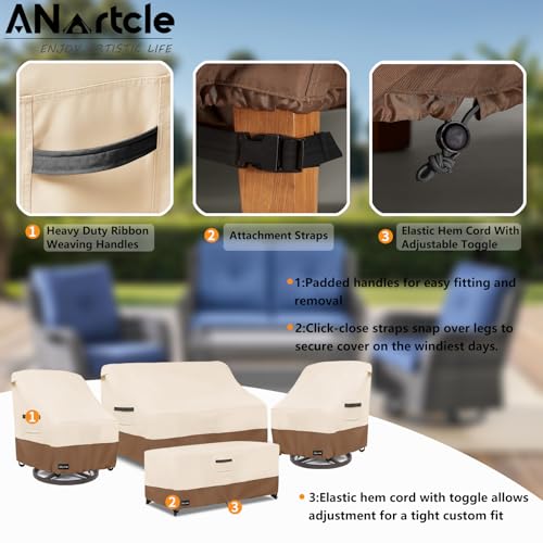 Image of ANartcle Patio Furniture Covers 4 Piece Set, 600D Waterproof Heavy Duty Outdoor Furniture Covers,Fit Wicker Patio Loveseat, Swivel Rocker Chair and Coffee Table,Beige&brown