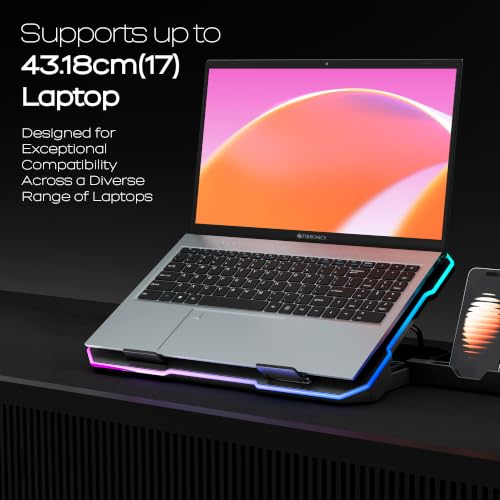 Image of Zebronics NC6800 Laptop Cooling Pad, Dual 120mm Fans, Up to 17-Inch Laptop Support, 65 CFM Airflow, 10 RGB Modes, 5-Level Adjustable Stand, Dual USB Hub, Fan Speed Control, Anti-Slip Pads (Black)