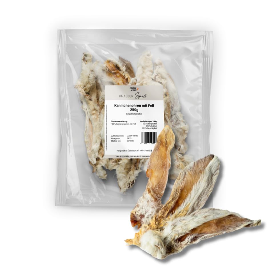 LuckyChef KnabberSpaß Kaninchenohren mit Fell für Hunde 250g naturbelassener Hundesnack fettarm & proteinreich Leckerli ohne Zusätze ideal zur Belohnung & Zahnpflege