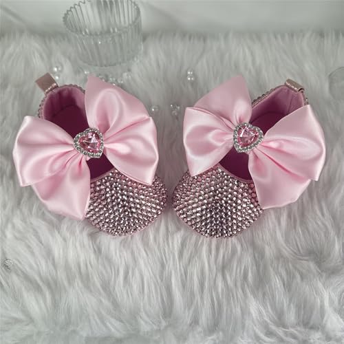 Pink Sparkle Rhinestone Flat Soft Soled Heart Crystal Shape Bowknot Decorate Newborn Baby Shoes4