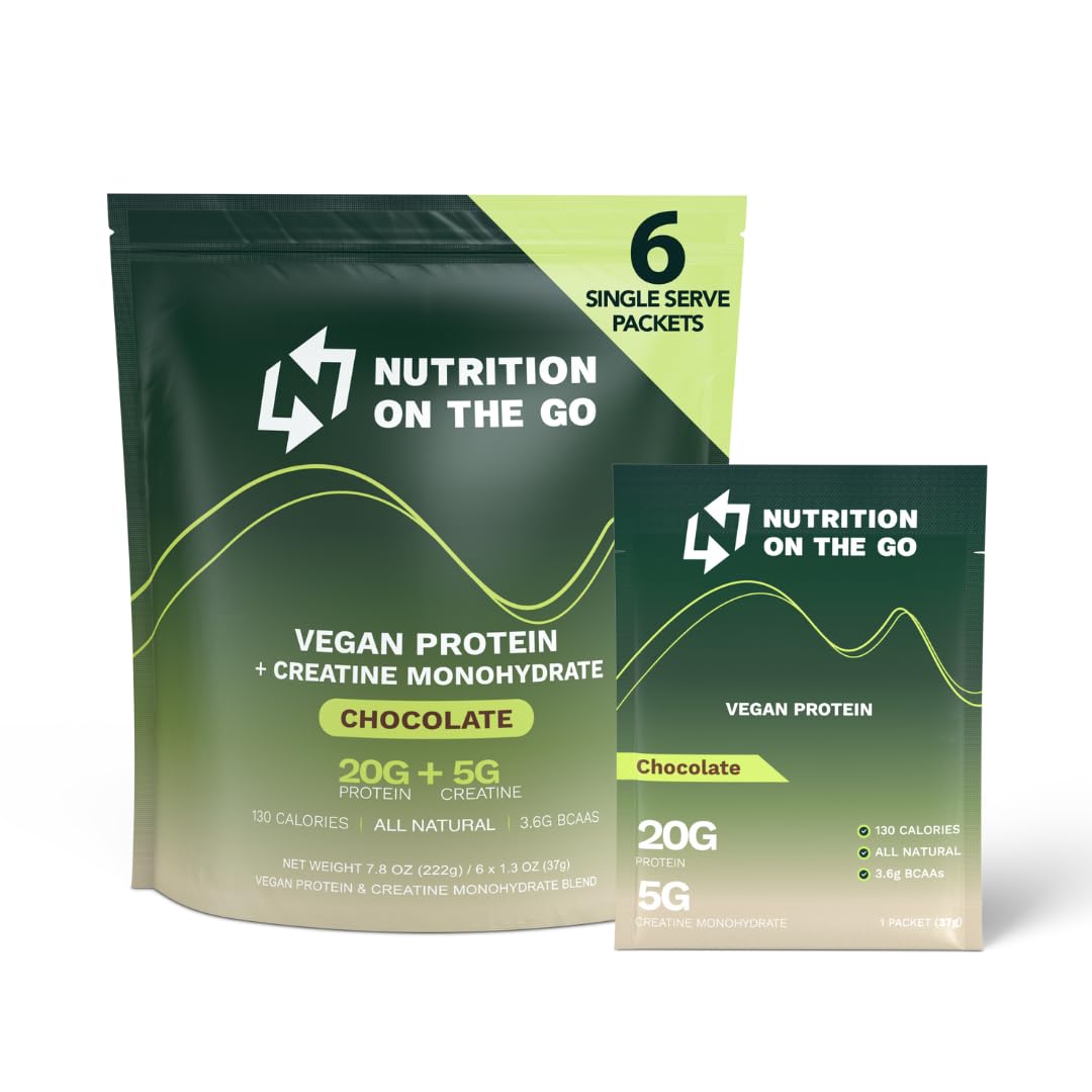 Nutrition On The Go Vegan Protein Powder Packets with Creatine – 20g Plant Proteins + 5g Creatine – Single-Serve Travel Protein Powder – All-Natural, Gluten-Free – Chocolate – (6-Pack)