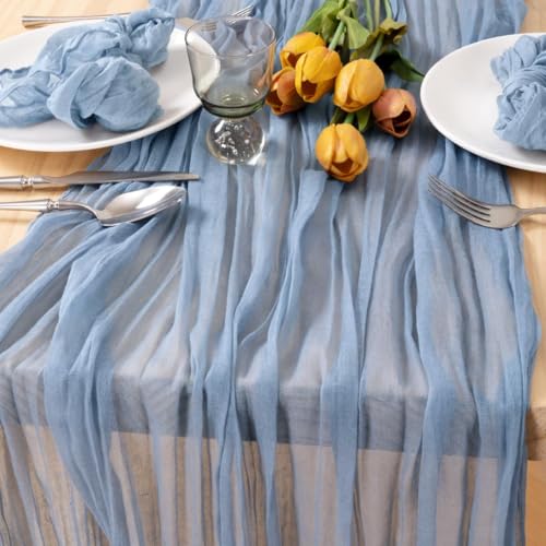 Image of MLMC 8 Pack Dusty Blue Table Runner 10ft Boho Gauze Cheesecloth Table Runner 35x120 Inches Rustic Cheese Cloth Centerpiece for Wedding Bridal Shower Baby Shower Party Decor