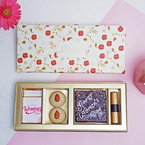 Image of Velvet Fine Chocolates Gift Hamper Woman's day confections-2 chocolate bars, 2 nankhatai, chocolate brownie (80 gms), 1 fruit and nut chocolate log