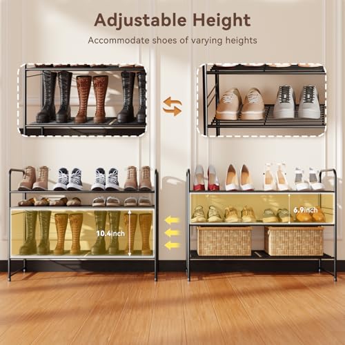 Image of Standard Shoe Rack 3-Tier 32.5 Inches Wide, Free Standing Shoe Organizer for Indoor Outdoor | Adjustable Heavy-Duty Metal Shelf Ideal for Home Entryway Closet & Garage Balcony | Black