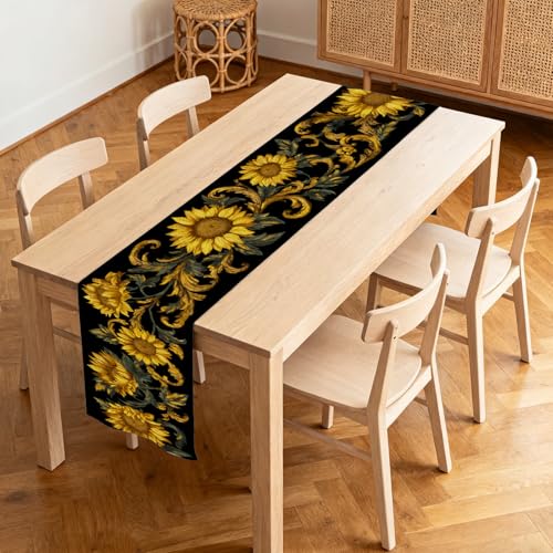 Image of Nuxovilar Table Runner, Flax Table Runner 13x72 in | Golden Sunflower Luxury Table Runners for Dinner Parties, Holiday Meals, Elegant Gatherings