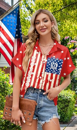 Image of American Flag Shirt for Women 4th of July USA Button Up Tops Summer Hawaii Floral Patriotic Stripes Graphic Tee