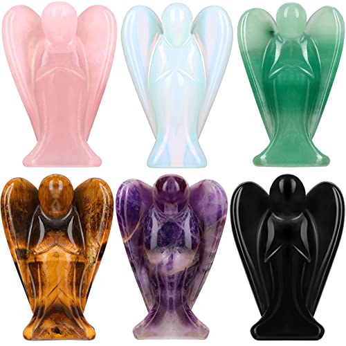 6 Pcs Crystal Guardian Angel Figurines Set Angel Statue 1.5 inch Mini Angel Moonstone Carved for Love, Peace (Bright Color)