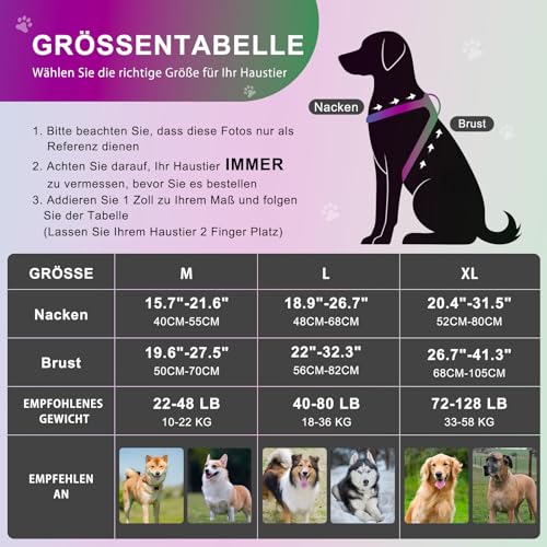 KOSKILL LED Hundegeschirr RGB wiederaufladbar mit Type C Ladung und Akku Anzeige superhelles Reflex Sicherheitsgeschirr für kleine mittlere Grosse Hunde Nacht wasserdicht leicht atmungsaktiv