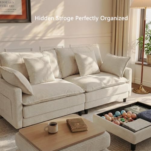 Image of Corduroy Storage Ottoman Coffee Table for Modular Sectional Couch, Corduroy Footrest Extension with Hidden Storage, Modern Soft Cushioned Stool for Living Room, Cream