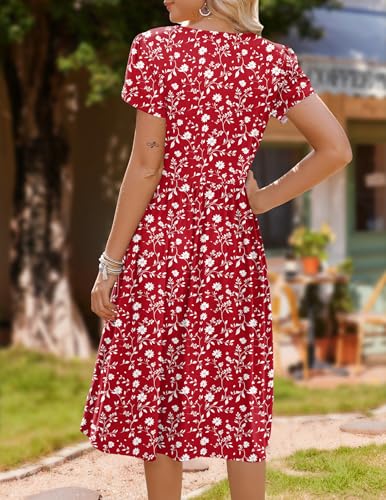 Image of HOTOUCH Women's Summer A-Line Midi Dresses 2026 Casual Floral Short Sleeve T-Shirt Dress Flowy Beach Sundress with Pockets