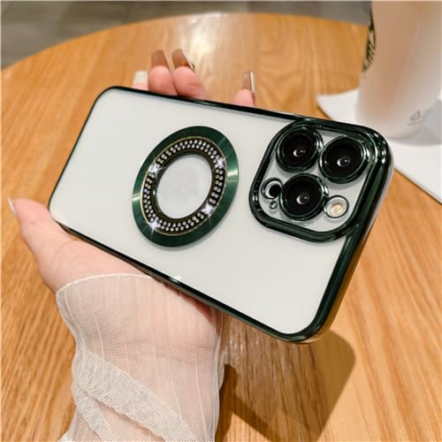 Évitez les rayures grâce à l'étui diamant flash magnétique de placage vert pour iPhone 13 12 14