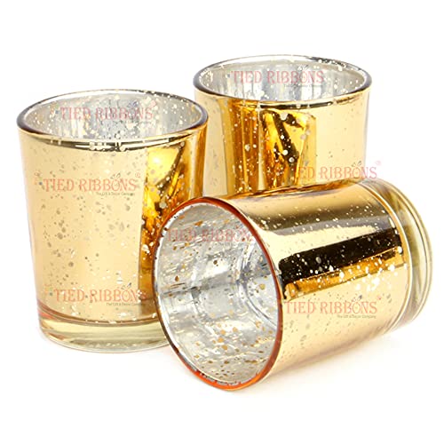 Image of TIED RIBBONS Pack of 12 Glass Tealight Candle Holders Glass Votives - Diwali Decorations Items for Home Decor Dining Table Gifts (Big Size, Golden)