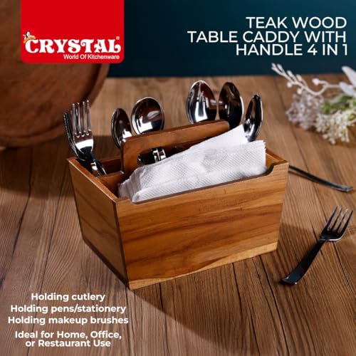Image of Crystal Premium Handcrafted Wooden Cutlery /Spoon stand with Handle | Pure Teak Wood | Wooden Caddy with 4 sections | Multipurpose Cutlery Stand for Kitchen, Dining Table