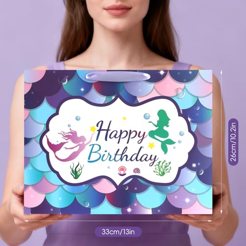 Image of JMANNI Large Happy Birthday Gift Bag with Tissue Papers and Greeting Card,Portable Paper Mermaid Gift Bags with Handles,Purple Present Bags for Women Girls Birthday Party Supplies13 x 10.2 inch x4.7 inch