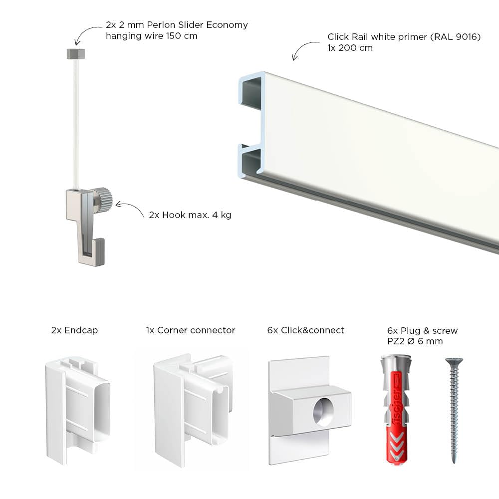 Artiteq Sistema di sospensione per pittura con binario Click, primer bianco da 200 cm (RAL 9016), set completo di fili trasparenti, ganci e materiale di fissaggio, portata 30 kg p/m