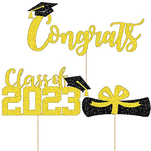 Congratulations Cake Toppers Glitter Class Of 2023 Cake Topper Congrats Grad Cake Topper Graduation Cake Decorations For 2023 High School/College/Senior Graduation Party Decorations Supplies 3Pcs #TOP17