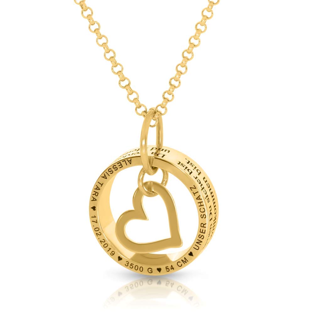 Namenskette Gold Ring mit Namen Kette Herz Familienkette 925 Silber Herzanhänger Halskette Mutter Geburt Geschenk Baby personalisiert