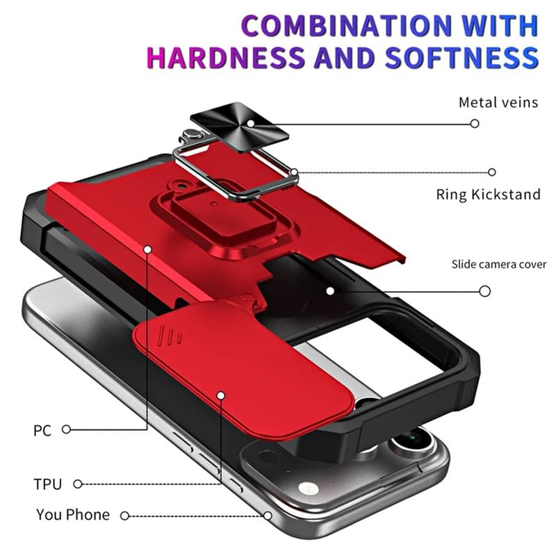 Image of LuxuryKase Shockproof Armor Case for iPhone 17 Pro | Slide Camera Cover | Hidden Card Slot | Rotating Ring Kickstand | Magnetic Car Mount Support | Military Grade Protection - Red
