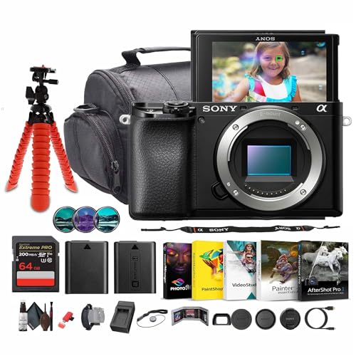 Sony a6100 Mirrorless Camera (ILCE6100B) | 24.2MP APS-C Sensor, Fast Autofocus, Real-Time Eye AF, 4K Video Recording + Photo Software + 64GB Card + NP-FW50 Battery + Camera Bag + Charger