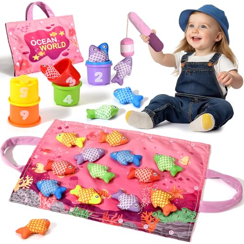 Tokiyis Brinquedos crianças 1 ano montessori, 20 peças rosa conjunto de pesca de tecido com 12 peixes tecido, caneca empilhável, saco de armazenamento, brinquedos educativos bebés 6 9 12 18 meses