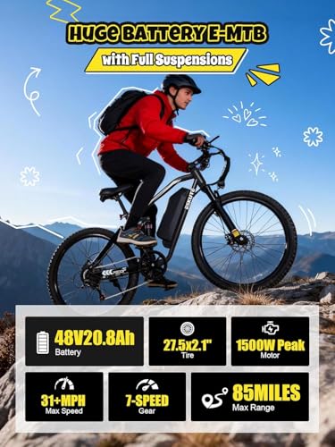 Image of ESKUTE M200F Electric Bike for Adults - 27.5 inch Tire Mountain E-Bike, 1500W Peak Brushless Motor 31+MPH, 48V 20.8Ah Removable Battery, Up to 80 Miles, Step Over Commuter E-MTB, Full Suspensions
