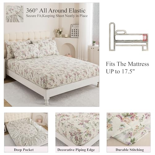 Image of FADFAY 100% Cotton Double Gauze Sheet Set - 4 Piece Ultra-Breathable Muslin Bedding - Romantic Red Rose Floral Design - Pre-Washed Soft Crinkle Sheets - 17.5 inch Deep Pocket (King)